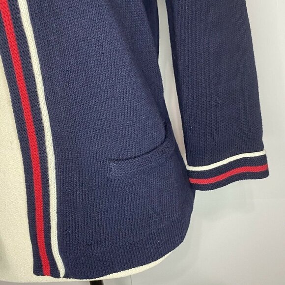 Talbots Petite Small Navy Open Front Cardigan Red White Trim EUC - Picture 3 of 6